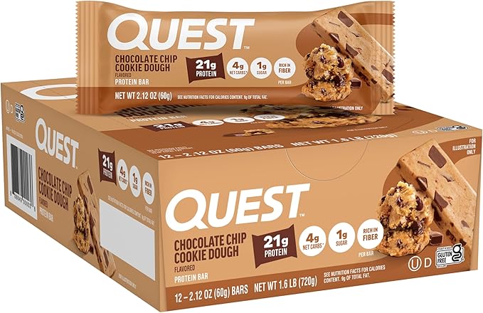 Quest Nutrition Chocolate Chip Cookie Dough Protein Bars, High Protein, Low Carb, Gluten Free, Keto Friendly, 12 Count