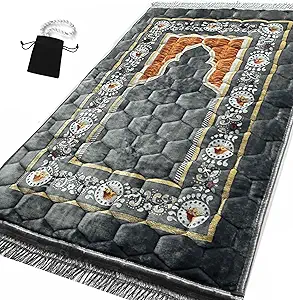 Prayer Rug Muslim Mat Islamic - Padded Very Thick Prayer Rug Sajadah for Men Women with Islam Prayer Beads for Eid Travel Ramadan, Soft and Luxury (Grey)